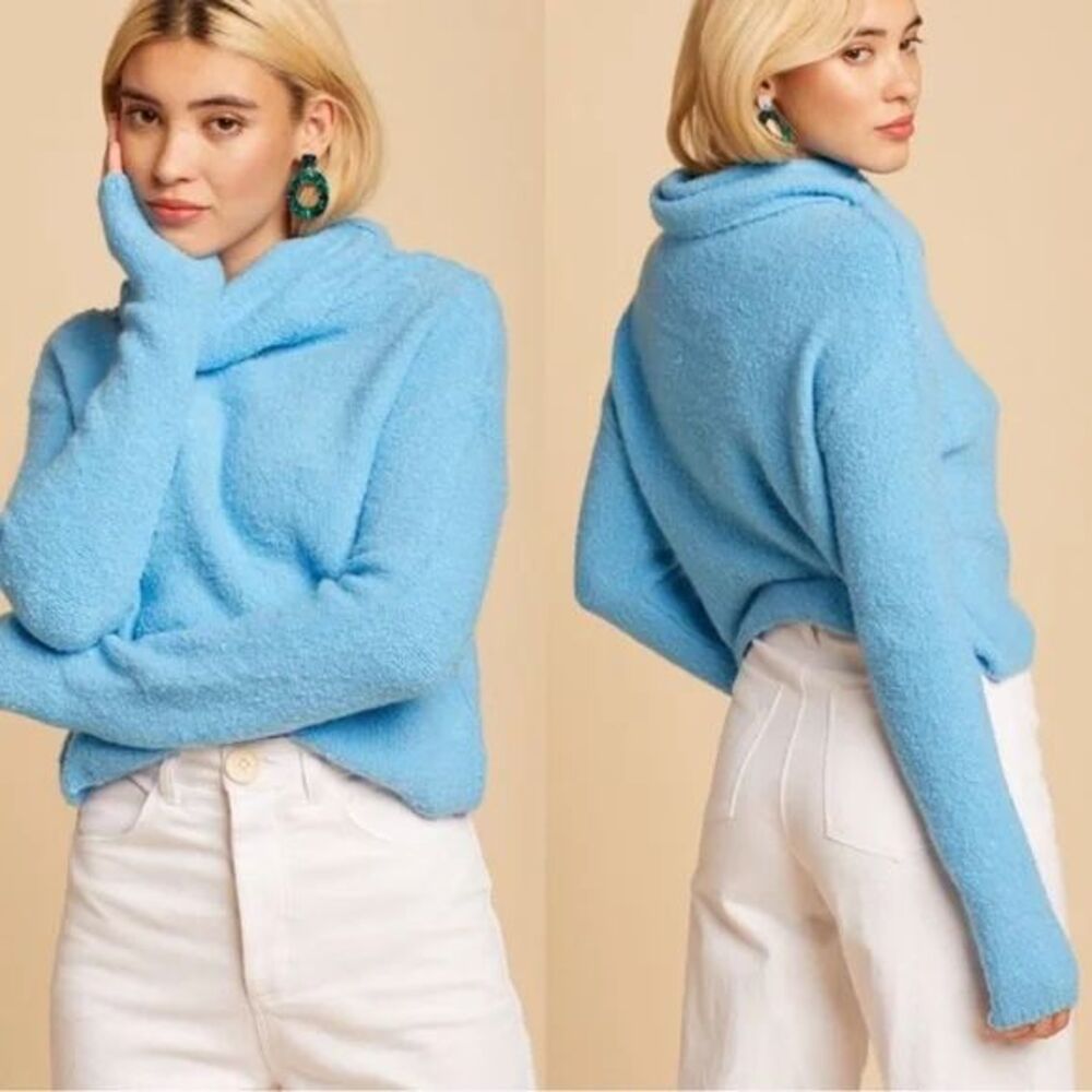 Free People Womens Sweater Blue Stormy Cowl Neck Alpaca Wool Crop Pullover Small